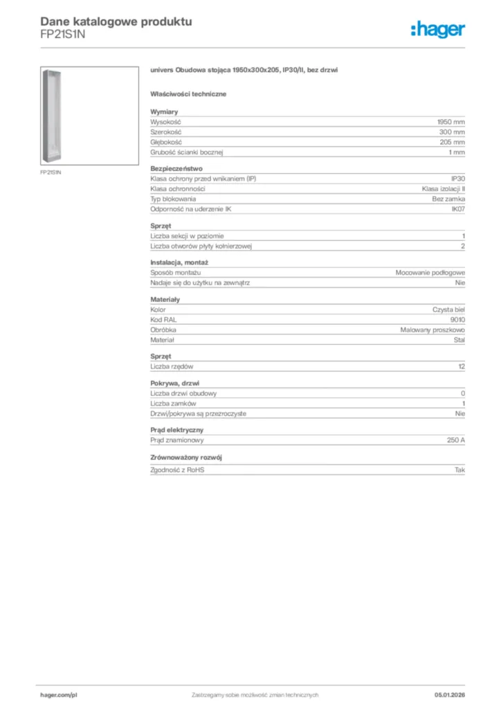 Zdjęcie Hager Karta katalogowa FP21S1N | Hager Polska