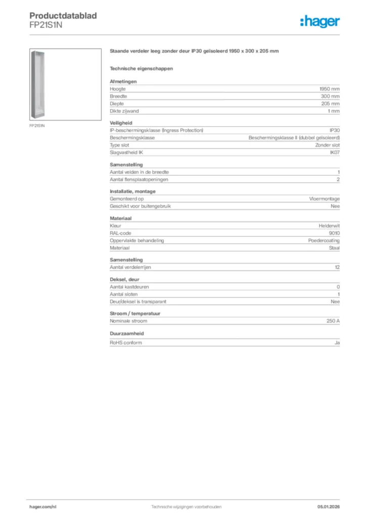 Afbeelding Hager Productdatablad FP21S1N | Hager Nederland