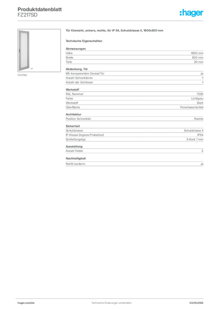Bild Hager Produktdatenblatt FZ217SD | Hager Deutschland
