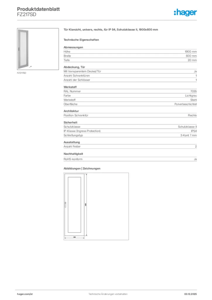 Bild Hager Produktdatenblatt FZ217SD | Hager Deutschland