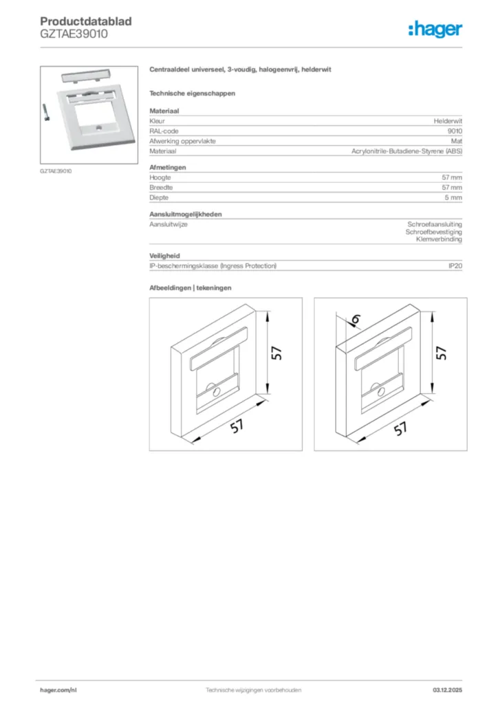 Afbeelding Hager Productdatablad GZTAE39010 | Hager Nederland