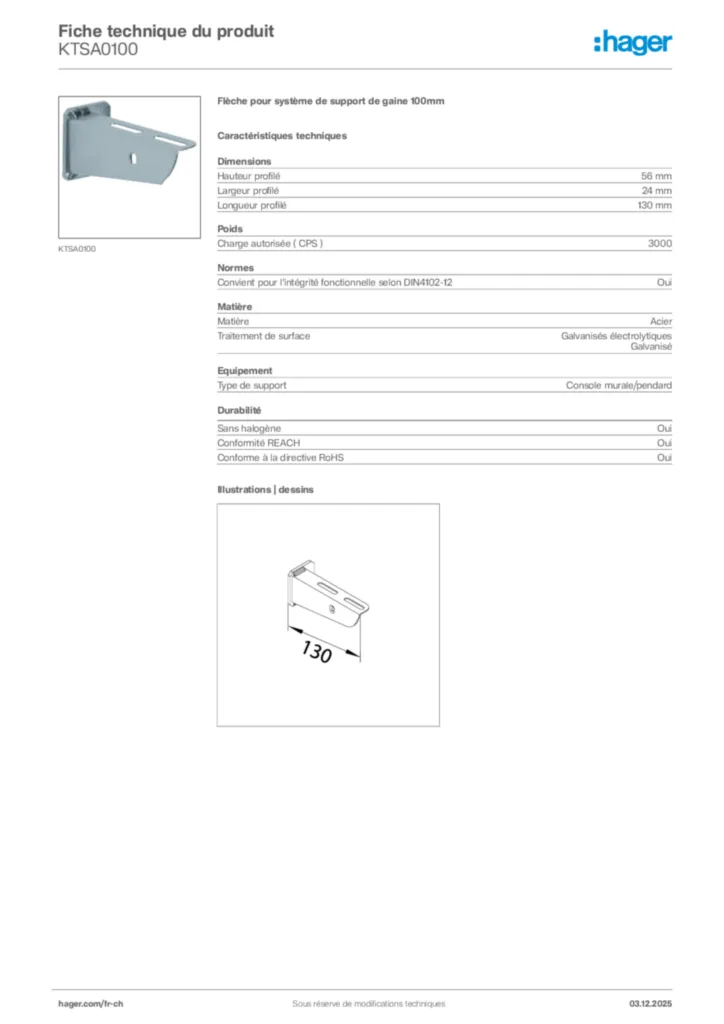 Image Hager Fiche technique du produit KTSA0100 | Hager Suisse