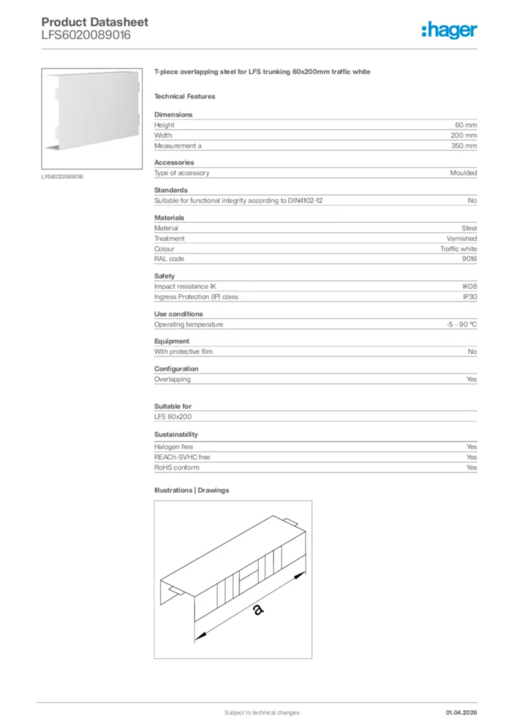 Image Hager Product data sheet LFS6020089016  | Hager Africa