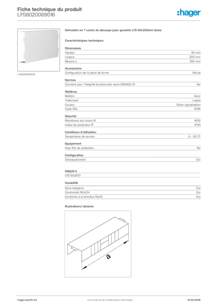 Image Hager Fiche technique du produit LFS6020089016 | Hager Belgique