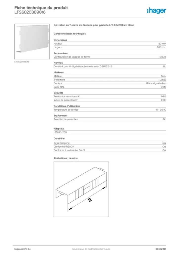 Image Hager Fiche technique du produit LFS6020089016 | Hager Belgique