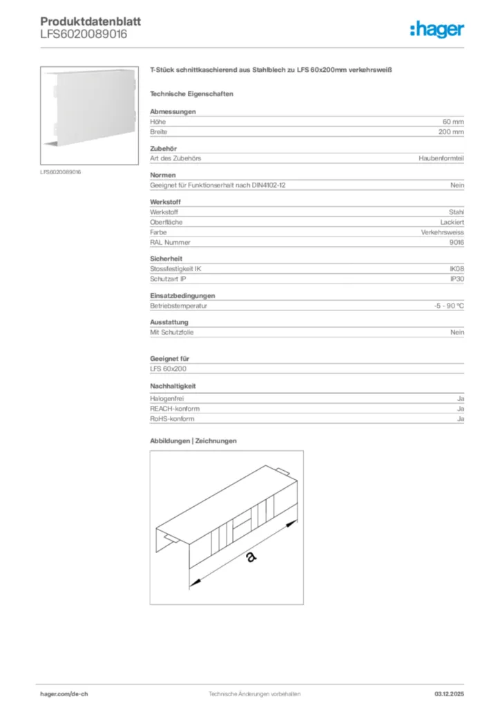 Bild Hager Produktdatenblatt LFS6020089016 | Hager Schweiz