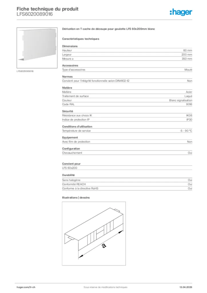 Image Hager Fiche technique du produit LFS6020089016 | Hager Suisse
