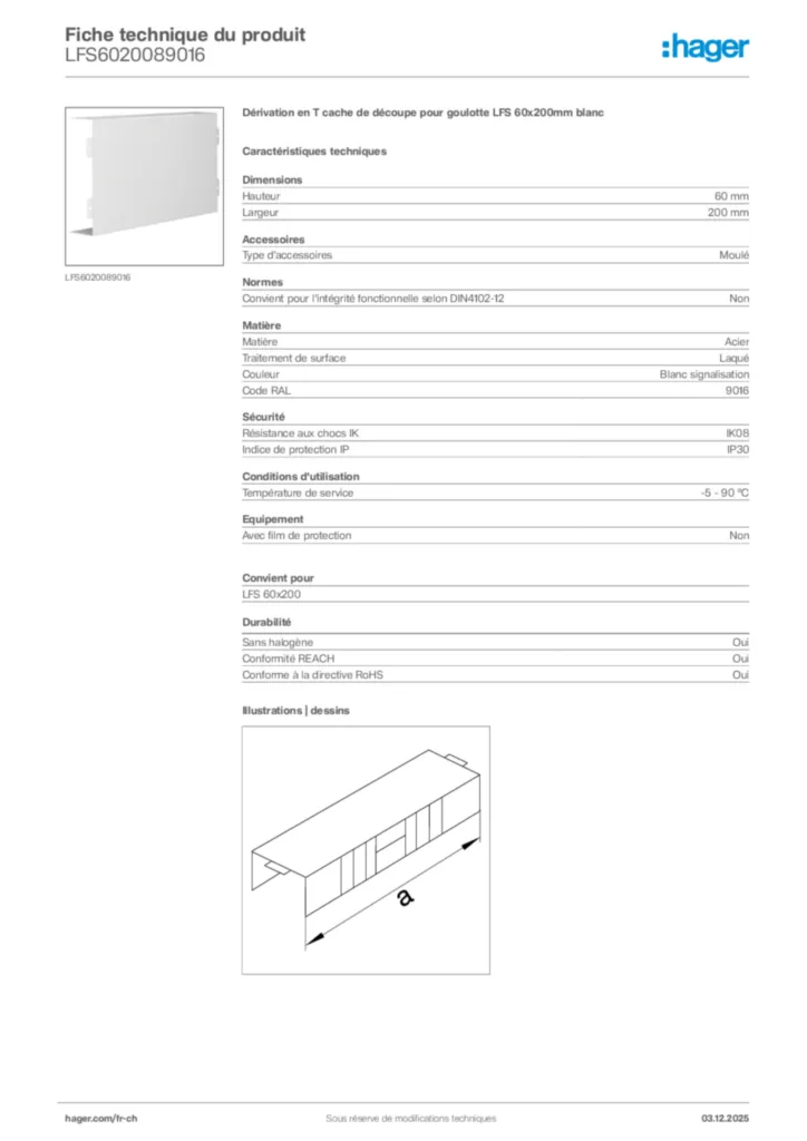 Image Hager Fiche technique du produit LFS6020089016 | Hager Suisse