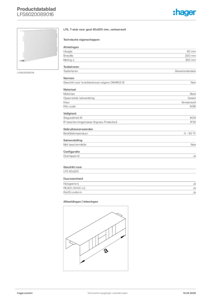 Afbeelding Hager Productdatablad LFS6020089016 | Hager Nederland