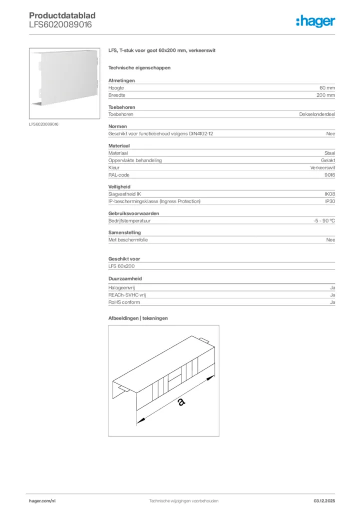 Afbeelding Hager Productdatablad LFS6020089016 | Hager Nederland