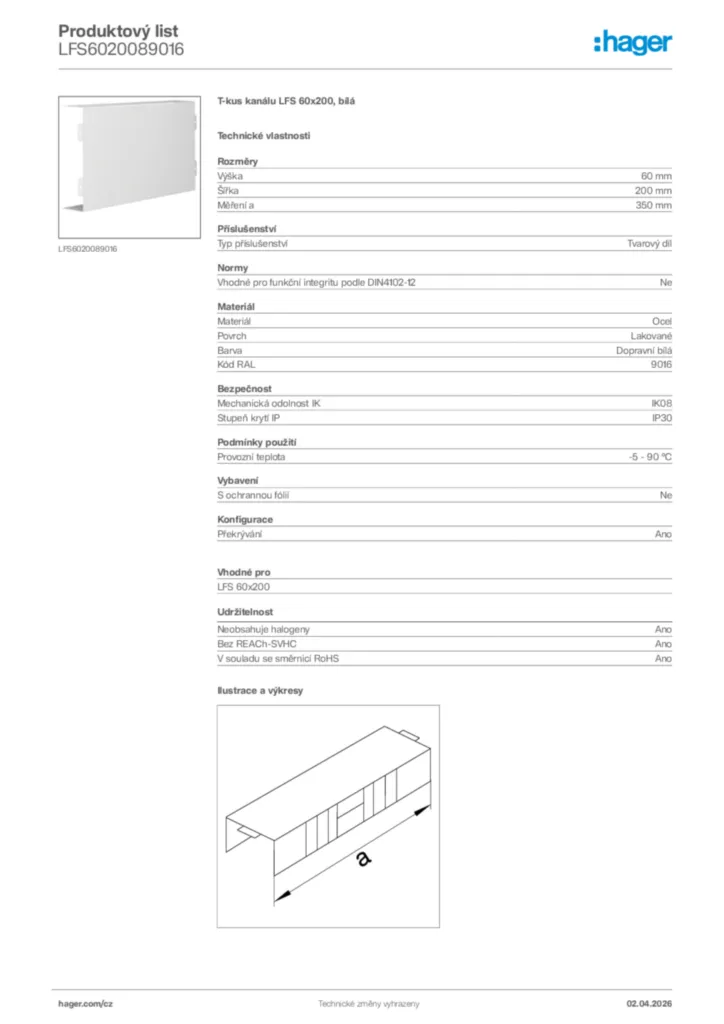 Obrázek Hager Product data sheet LFS6020089016 | Hager