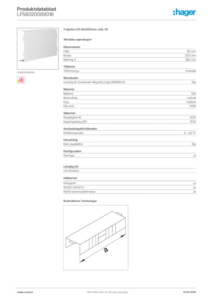 Bild Hager Produktdatablad LFS6020089016 | Hager Sverige