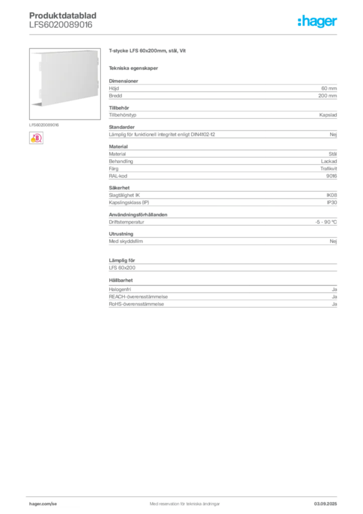 Bild Hager Produktdatablad LFS6020089016 | Hager Sverige