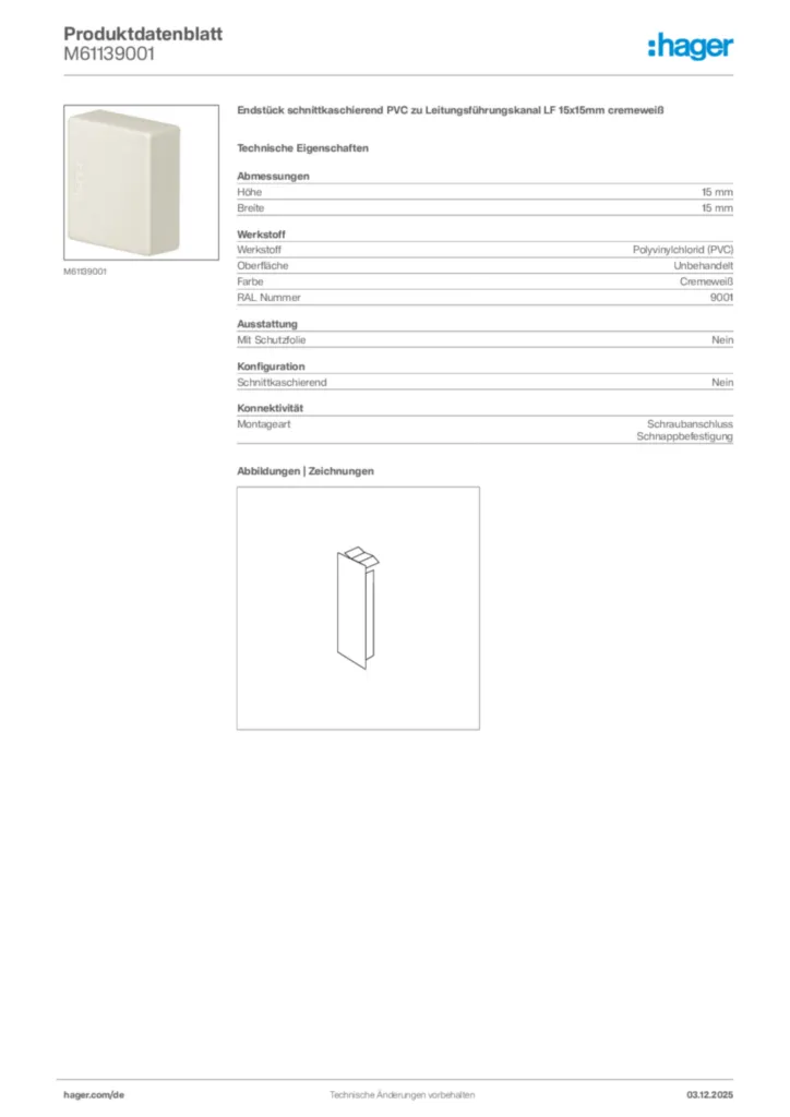 Bild Hager Produktdatenblatt M61139001 | Hager Deutschland