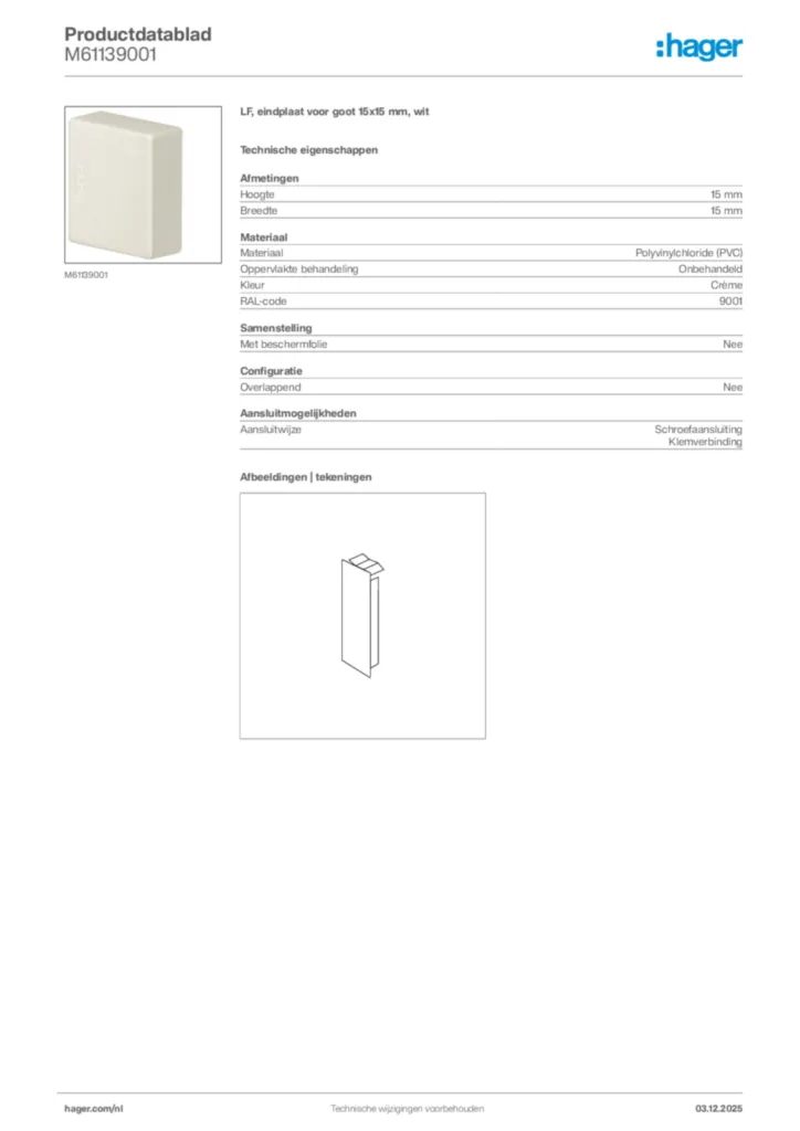 Afbeelding Hager Productdatablad M61139001 | Hager Nederland