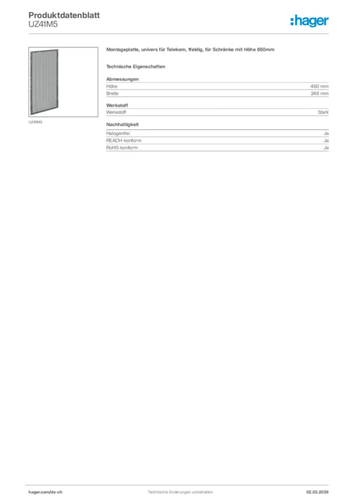 Bild Hager Produktdatenblatt UZ41M5 | Hager Schweiz