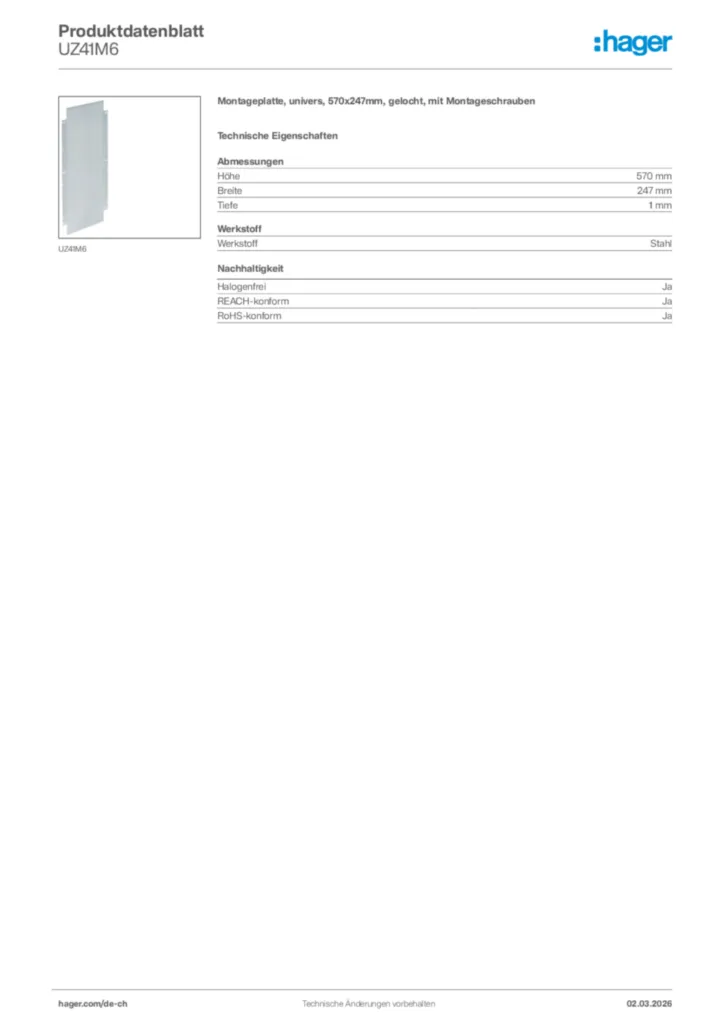 Bild Hager Produktdatenblatt UZ41M6 | Hager Schweiz