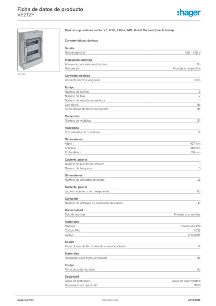 Imagen Hager Ficha de datos de producto VE212F | Hager España
