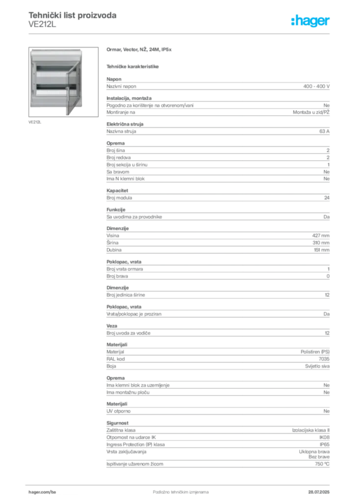 Slika Hager Product data sheet VE212L  | Hager