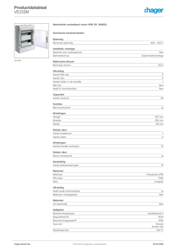Afbeelding Hager Productdatablad VE212M | Hager Belgium