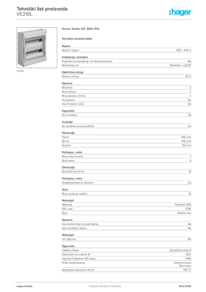 Slika Hager Product data sheet VE218L  | Hager