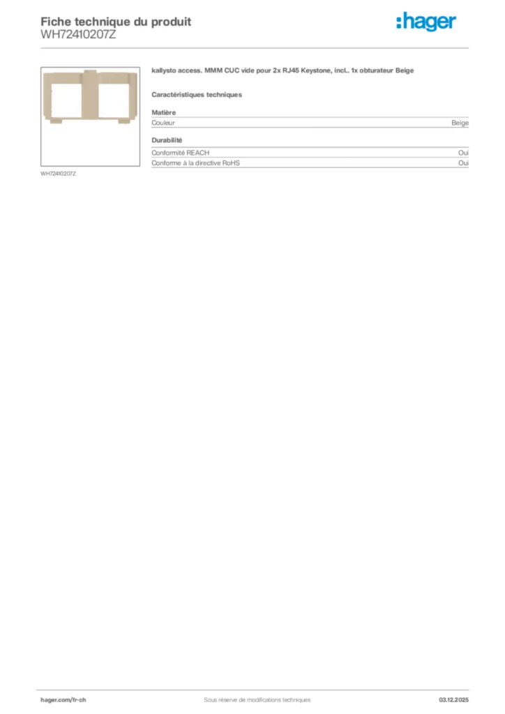 Image Hager Fiche technique du produit WH72410207Z | Hager Suisse