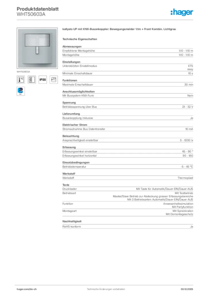 Bild Hager Produktdatenblatt WHT50603A | Hager Schweiz