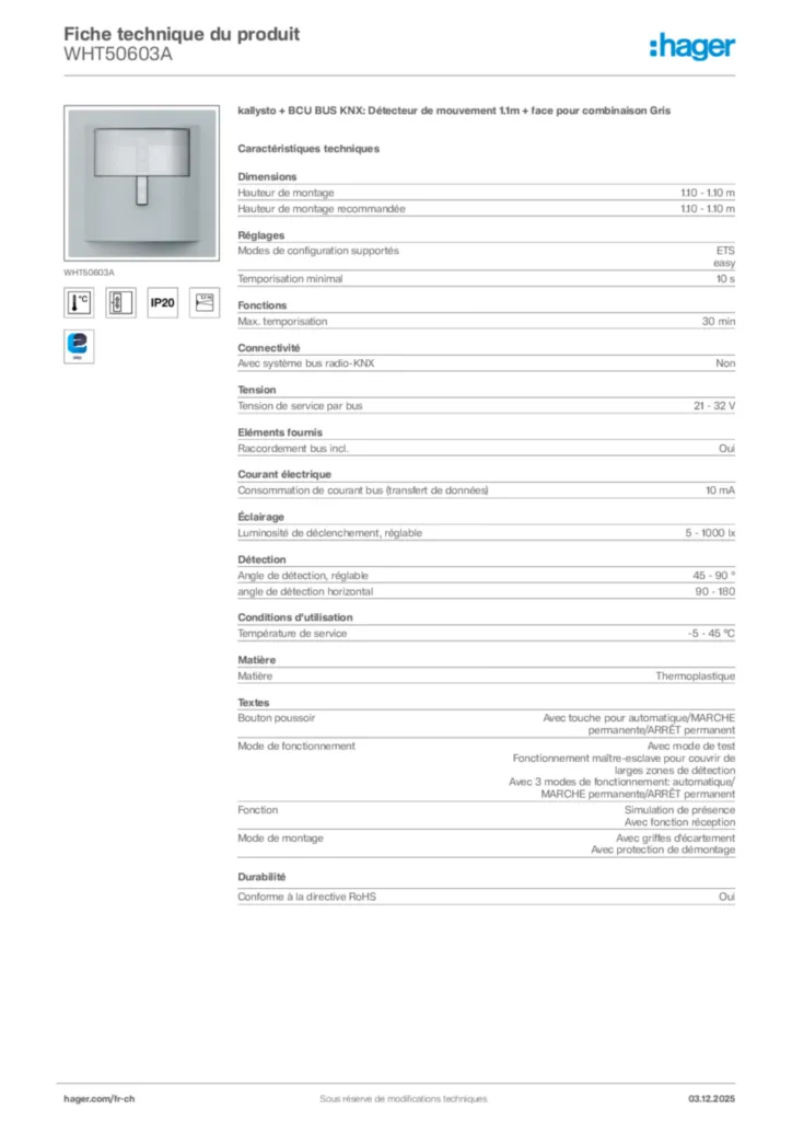 Image Hager Fiche technique du produit WHT50603A | Hager Suisse