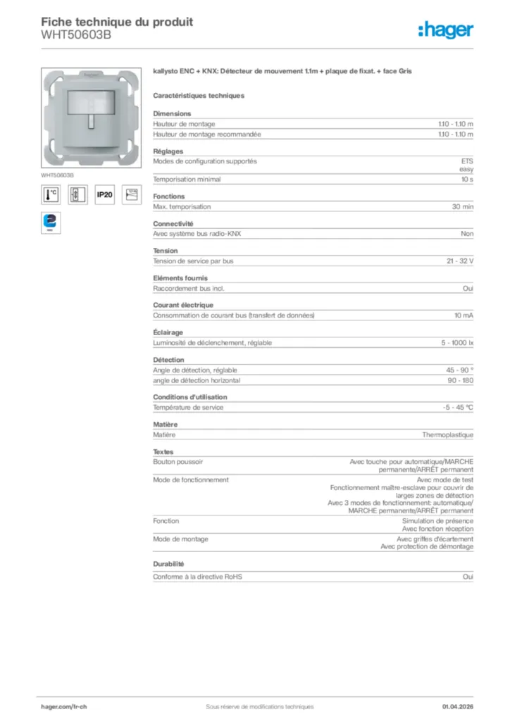 Image Hager Fiche technique du produit WHT50603B | Hager Suisse