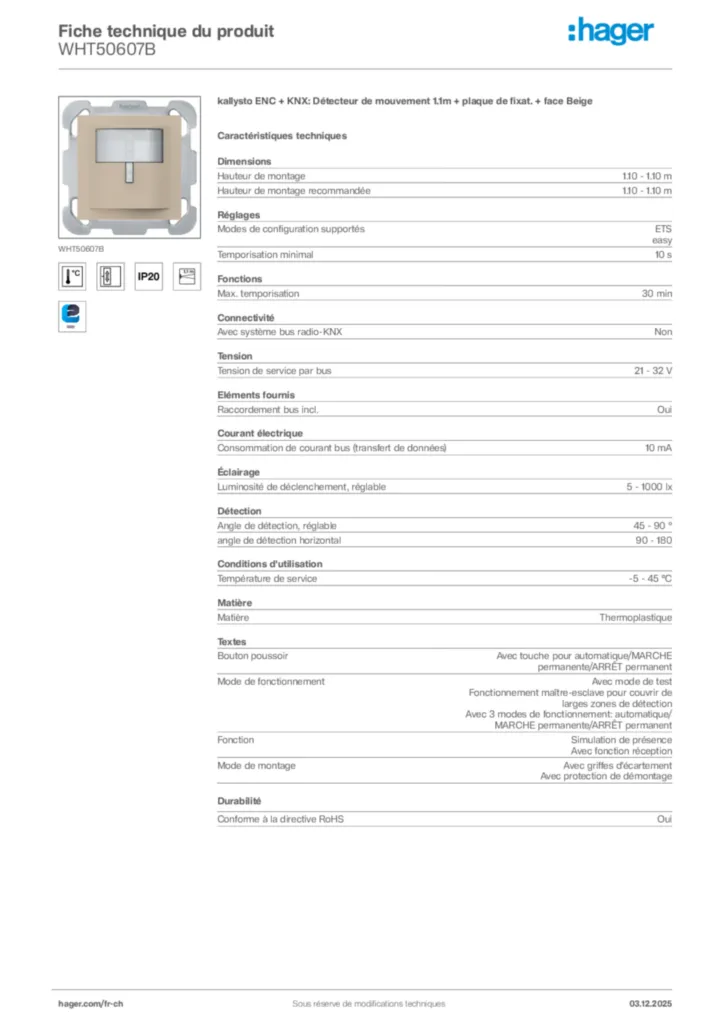 Image Hager Fiche technique du produit WHT50607B | Hager Suisse