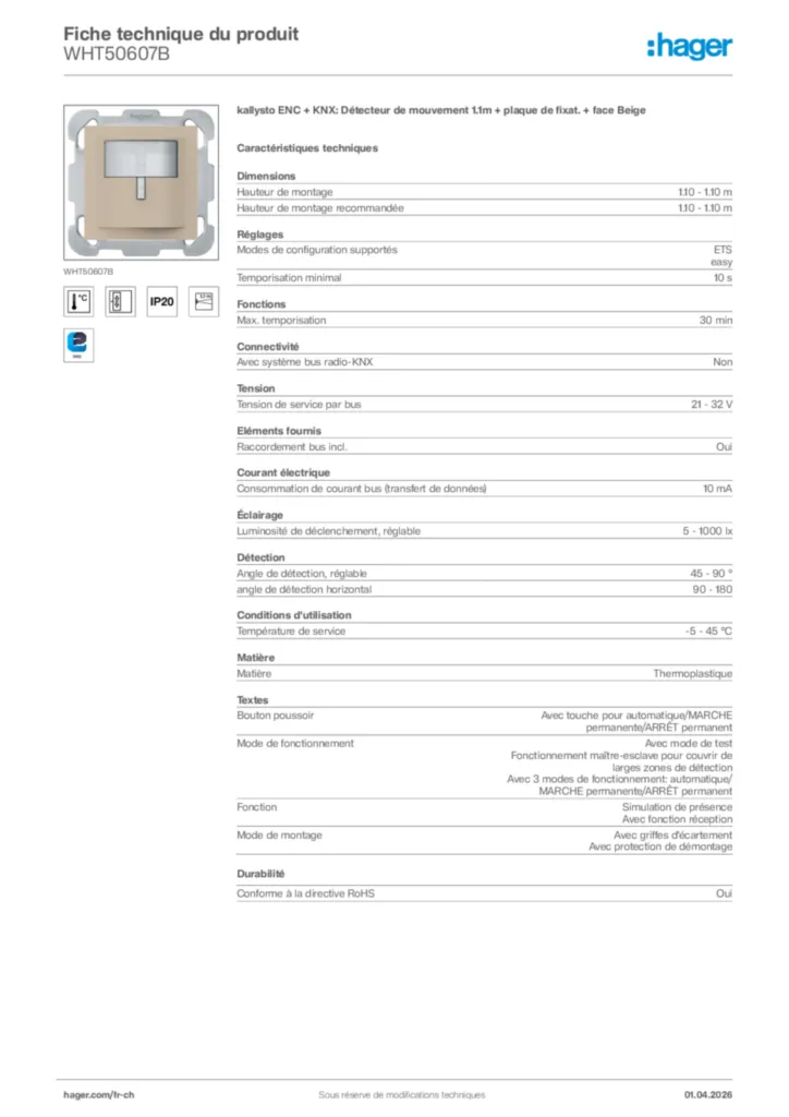 Image Hager Fiche technique du produit WHT50607B | Hager Suisse