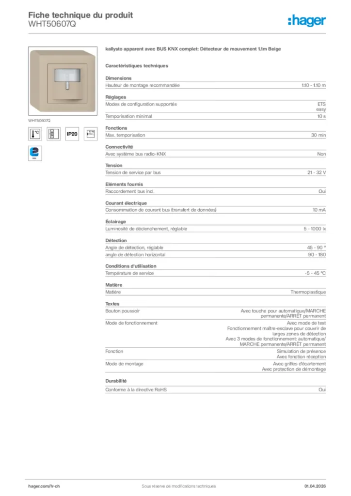 Image Hager Fiche technique du produit WHT50607Q | Hager Suisse