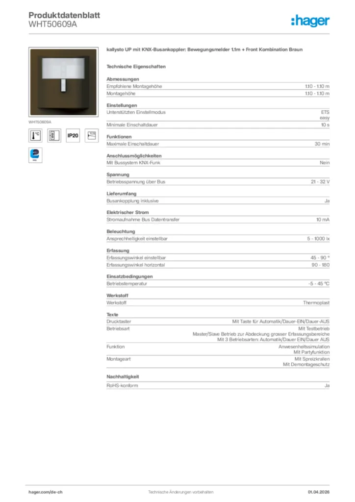 Bild Hager Produktdatenblatt WHT50609A | Hager Schweiz