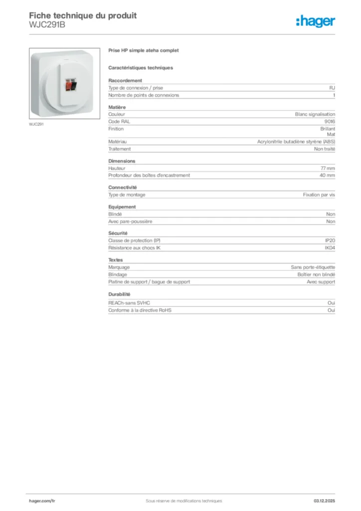 Image Hager Fiche technique du produit WJC291B | Hager France