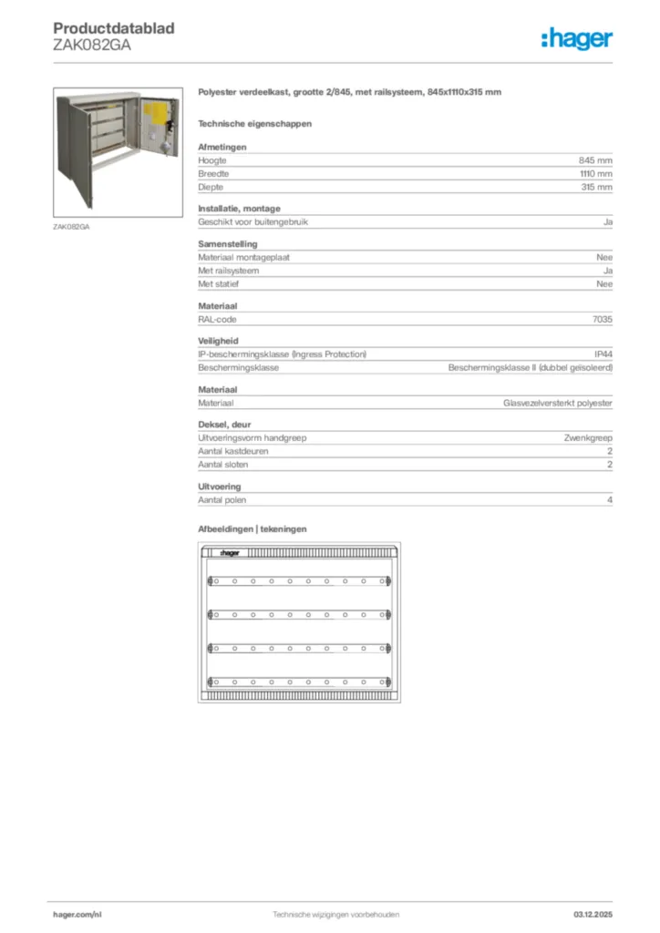 Afbeelding Hager Productdatablad ZAK082GA | Hager Nederland