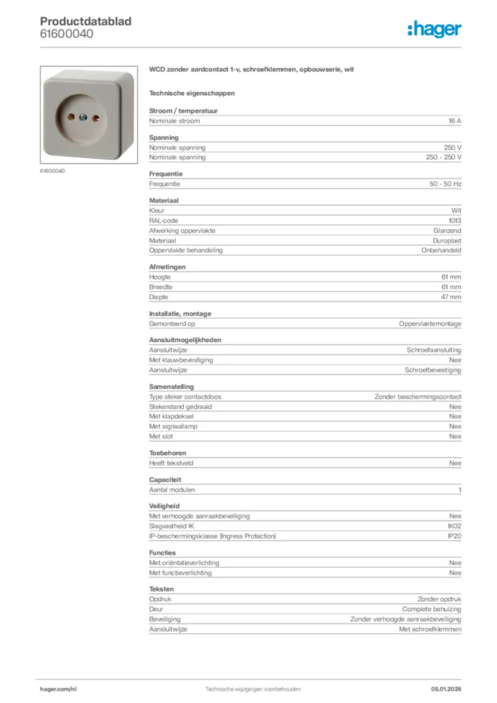 Afbeelding Hager Productdatablad 61600040 | Hager Nederland