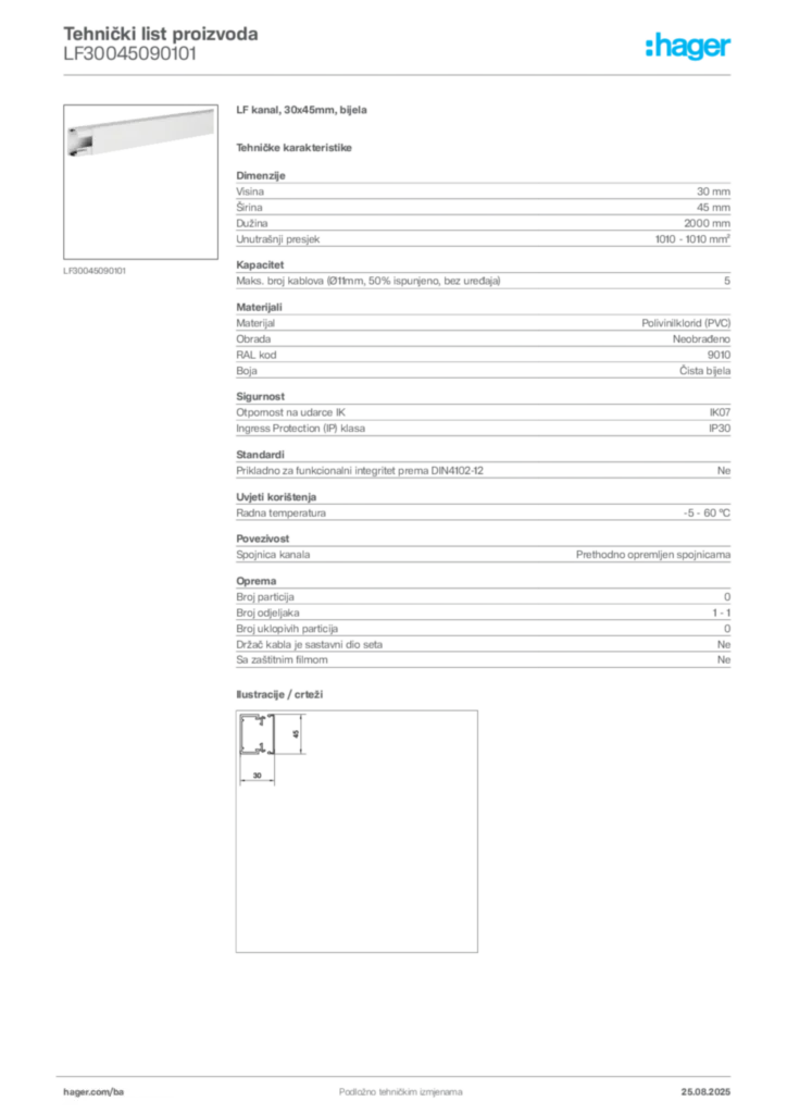 Slika Hager Product data sheet LF30045090101  | Hager