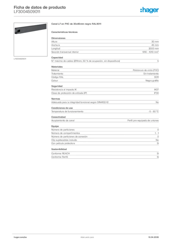 Imagen Hager Ficha de datos de producto LF3004509011 | Hager España
