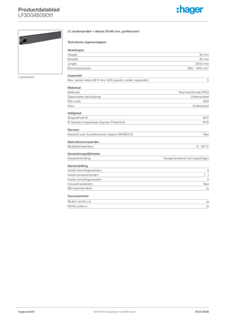 Afbeelding Hager Productdatablad LF3004509011 | Hager Nederland