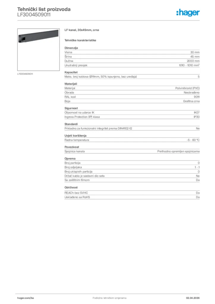 Slika Hager Tehnički list proizvoda LF3004509011  | Hager