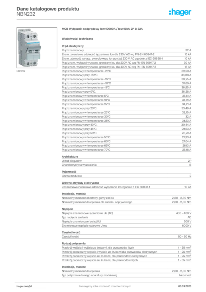 Zdjęcie Hager Dane katalogowe produktu NBN232 | Hager Polska
