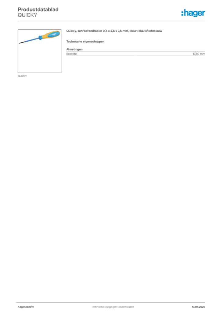 Afbeelding Hager Productdatablad QUICKY | Hager Nederland