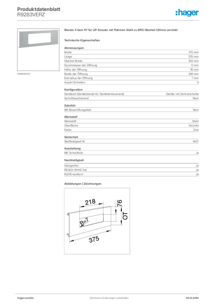Hager Produktdatenblatt R9283VERZ