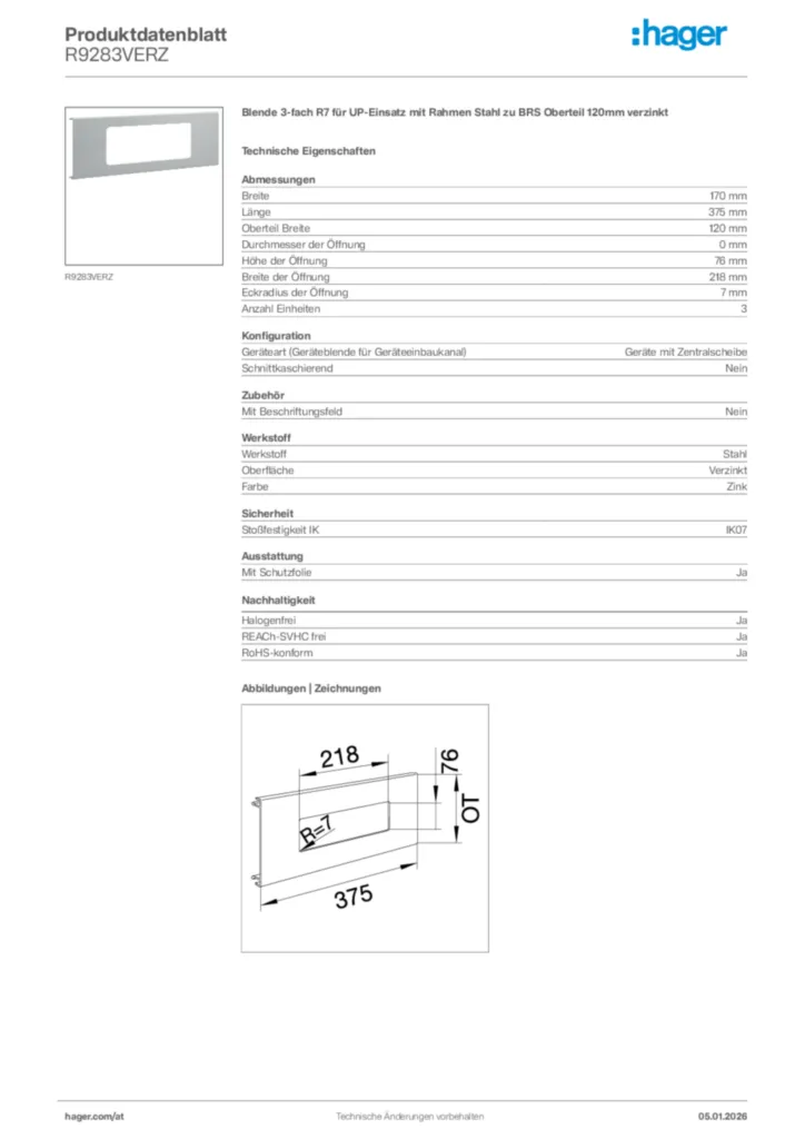 Bild Hager Produktdatenblatt R9283VERZ | Hager Deutschland
