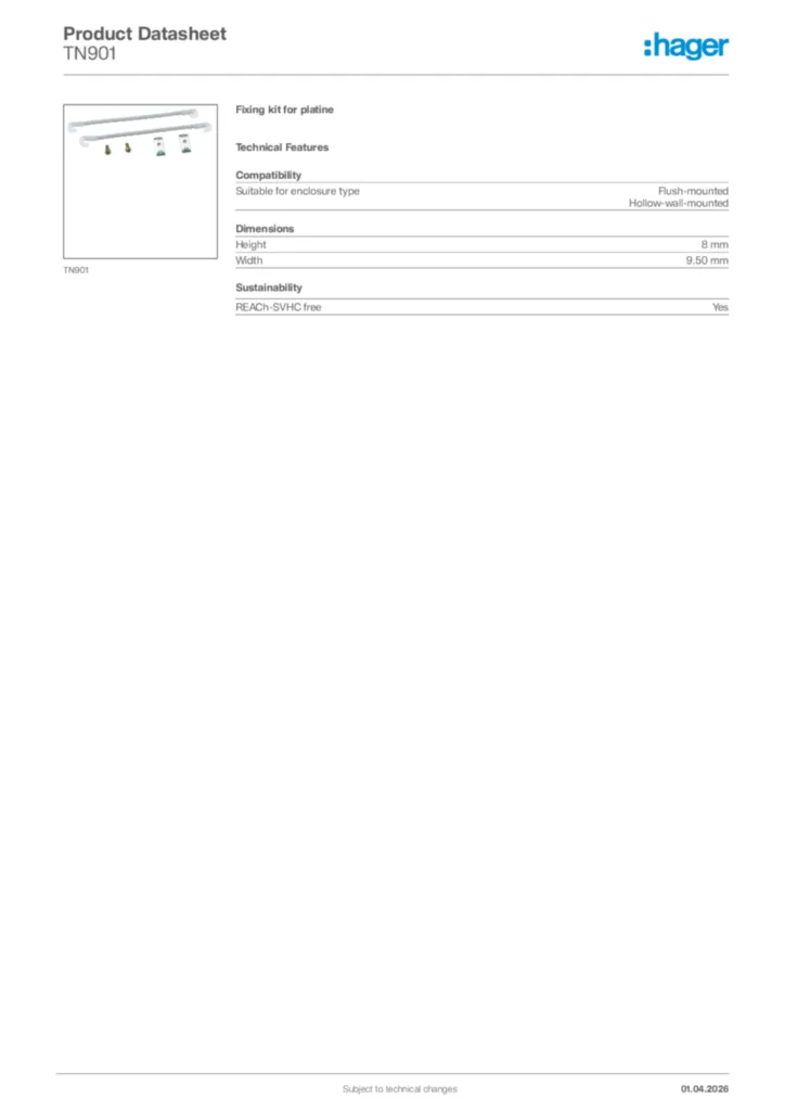 Image Hager Product data sheet TN901  | Hager Africa