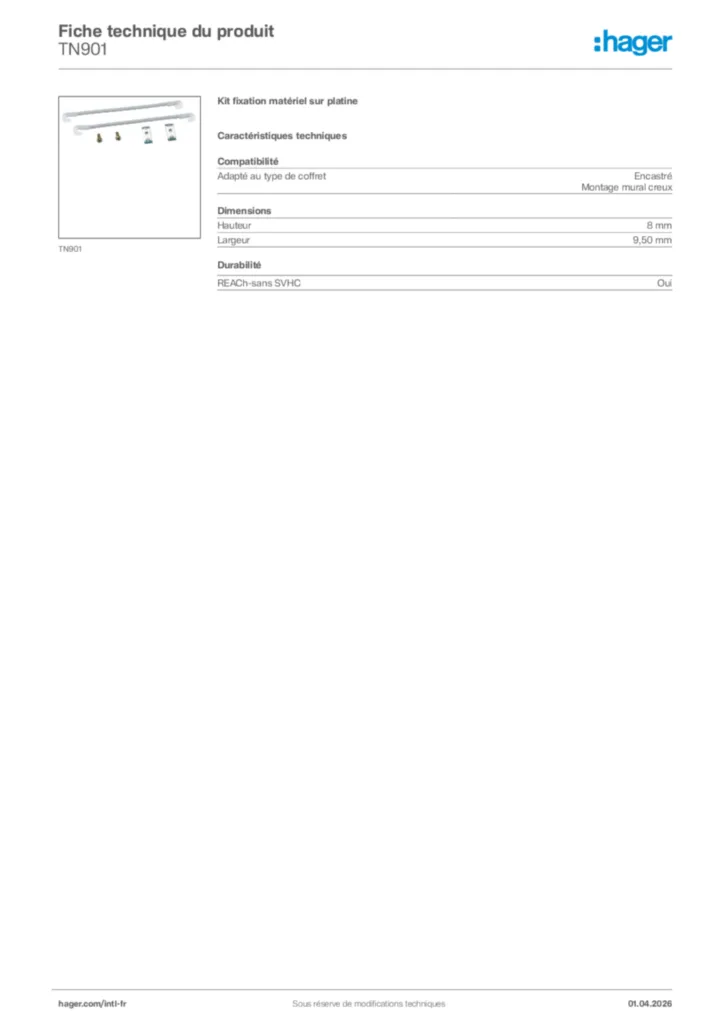 Image Hager Fiche technique du produit TN901 | Hager Afrique