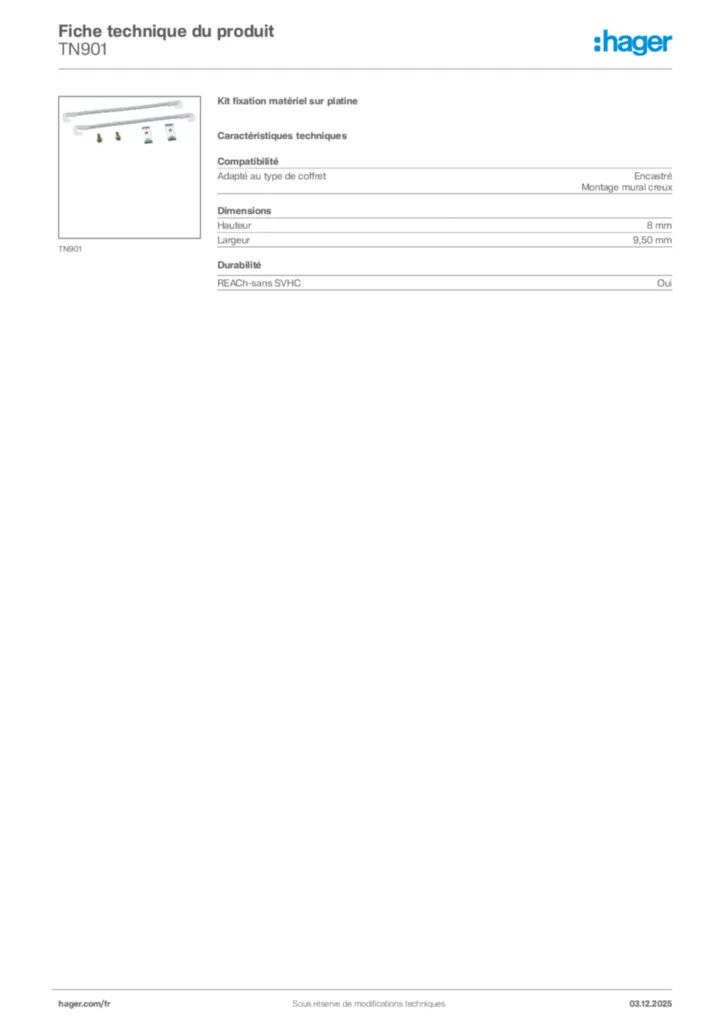 Image Hager Fiche technique du produit TN901 | Hager France