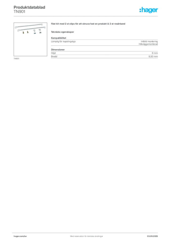 Bild Hager Produktdatablad TN901 | Hager Sverige