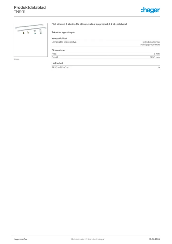Bild Hager Produktdatablad TN901 | Hager Sverige