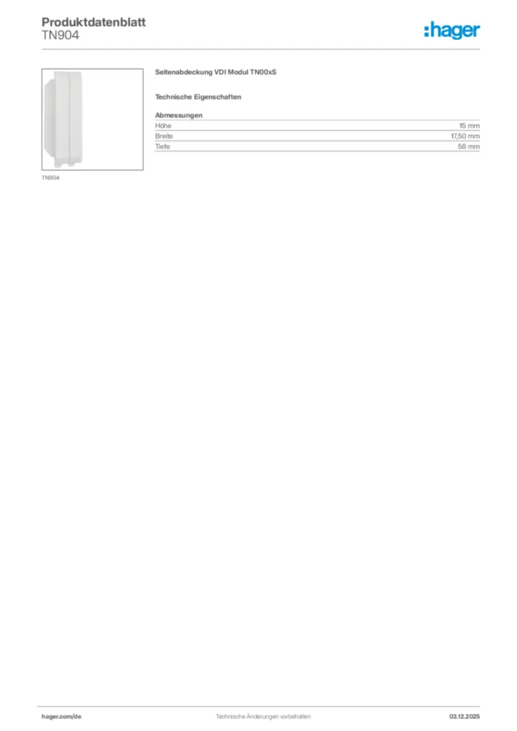 Hager Produktdatenblatt TN904